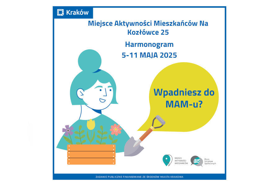 Rysunek przedstawiający portret uśmiechniętej kobiety przed którą widać skrzynkę z kolorowymi kwiatami i łopatkę ogrodniczą. U góry widoczny napis: Miejsce Aktywności Mieszkańców Na Kozłówce 25 Harmonogram 5-11 maja 2025 r.