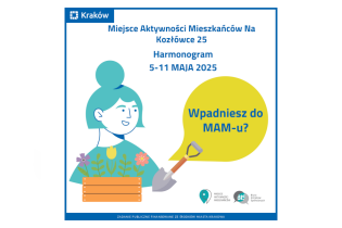 Rysunek przedstawiający portret uśmiechniętej kobiety przed którą widać skrzynkę z kolorowymi kwiatami i łopatkę ogrodniczą. U góry widoczny napis: Miejsce Aktywności Mieszkańców Na Kozłówce 25 Harmonogram 5-11 maja 2025 r.