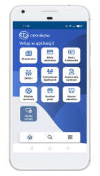 Ekran aplikacji mKraków na smartfonie. U góry logo Krakowa i napis „mKraków” na niebieskim tle z abstrakcyjnym wzorem. Poniżej 10 ikon usług, m.in. Bilety, Karta Krakowska, Rozkład jazdy. Na dole pasek nawigacji z ikonami: dom, lupa, menu.