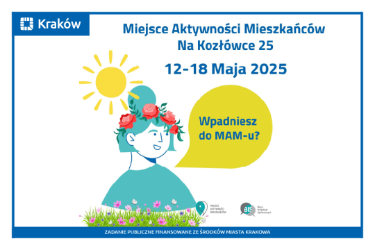 Rysunek przedstawiający portret uśmiechniętej kobiety w wianku z róż, nad którą świeci słońce, a przed nią widać kwiecistą łąkę. Nad jej wizerunkiem napis: Miejsce Aktywności Mieszkańców Na Kozłówce 25 12 - 18 maja 2025 r. 
