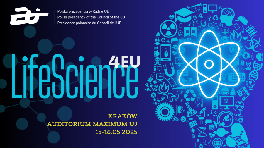Baner konferencji LifeScience4EU. Ciemnogranatowe tło jaśniejące od lewej do prawej. Pol lewej stronie napisy a po prawej błękitny zarys ludzkiej głowy wypełniony piktogramami związanymi z medycyną i fizyką a w miejscu mózgu schematyczne przedstawienie budowy atomu. 