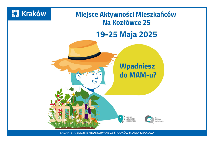 Rysunek przedstawiający portret uśmiechniętej kobiety w postrzępionym kapeluszu o szerokim rondzie, przed którą widać drewniany płotek i rosnące przy nim kolorowe rośliny.