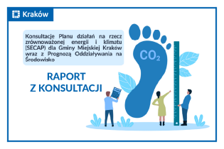Rysunek przedstawiający ludzi mierzących wysokość dużej, większej od nich stopy, na której widać napis CO2. Z lewej strony napis: Raport z konsultacji 