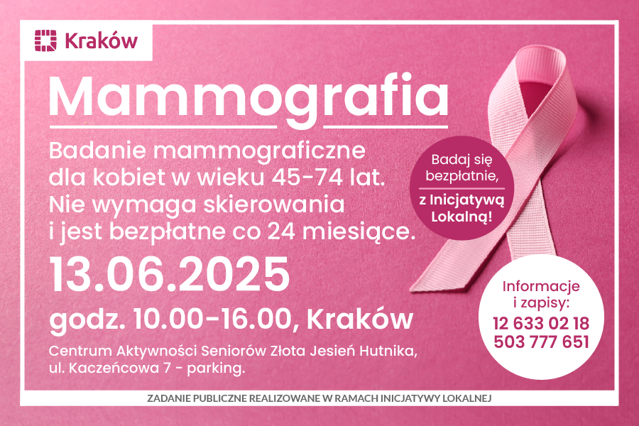 Grafika przedstawia zaproszenie na bezpłatne badania mammograficzne – 13 czerwca 2025 r. w Krakowie