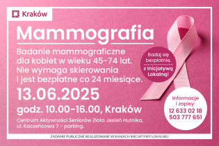 Grafika przedstawia zaproszenie na bezpłatne badania mammograficzne – 13 czerwca 2025 r. w Krakowie