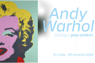 Andy Warhol. Dialog z pop-artem Po lewej stronie grafika przedstawiająca Marilyn Monroe autorstwa Andy Warhola a obok po prawej napis na jasnym tle: Andy Warhol Dialog z pop-artem.