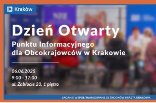 Grafika informacyjna. Na silnie rozmytym tle które jest fotografią Punktu Informacyjnego dla Obcokrajowców znajduje się biały napis:   Dzień Otwarty Punktu Informacyjnego dla Obcokrajowców 06.06.2025 