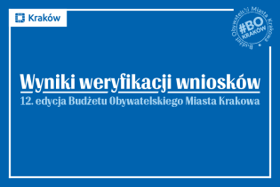 Napis na niebieskim tle: Wyniki weryfikacji wniosków 12. edycja Budżetu Obywatelskiego Miasta Krakowa