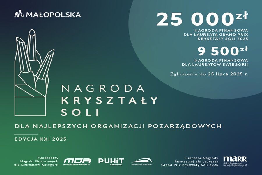 Grafika przedstawia zaproszenie do składania wniosków do konkursu Kryształy Soli