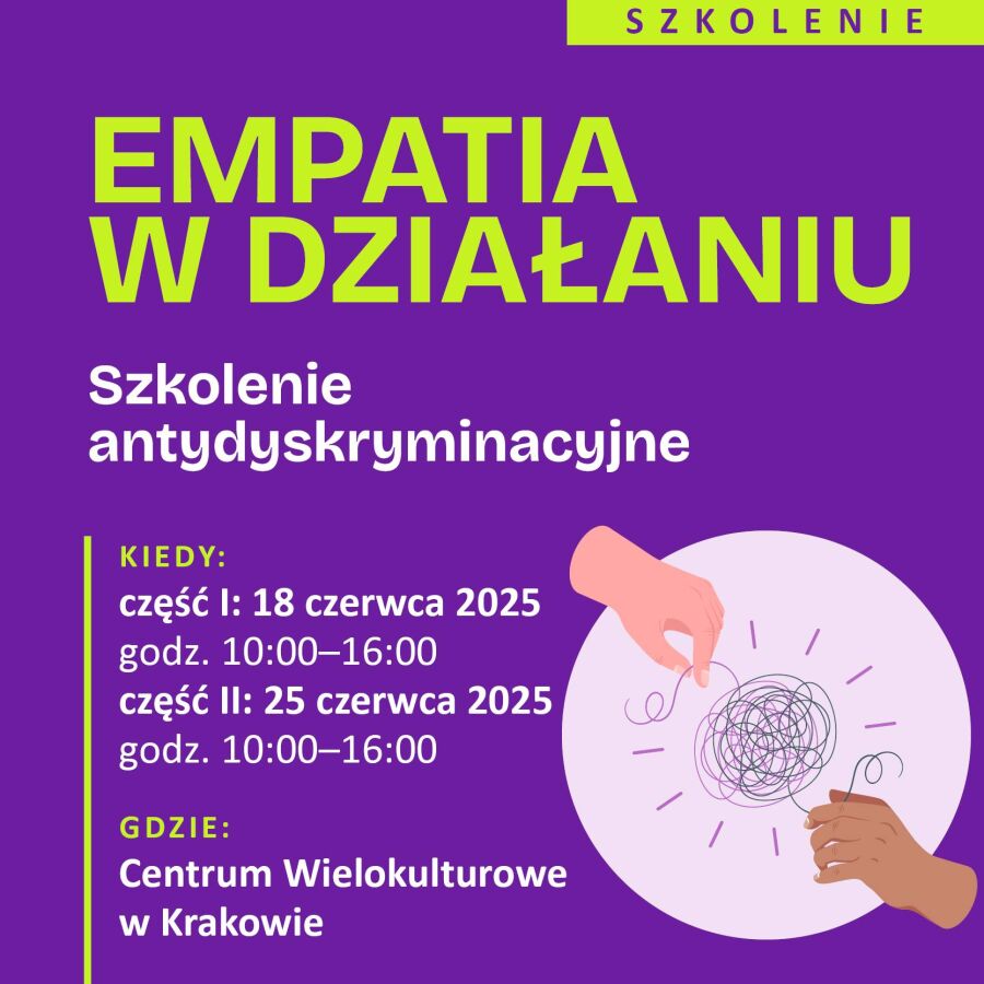 Plakat w kolorach filetu i zieleni z informacjami dot. szkolenia. Centralnie po prawej stronie rysunek dłoni rozplątujących splątane nici.