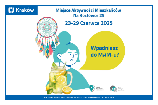 Rysunek przedstawiający portret uśmiechniętej kobiety przed którą widać dzbanek z zimnym napojem, a nad nią indiańską ozdobę - łapacz snów.