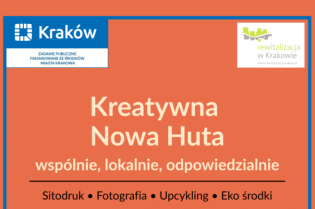 Zapraszamy na warsztaty z serii Kreatywna Nowa Huta – wspólnie, lokalnie, odpowiedzialnie! Plakat promujący wakacyjne warsztaty organizowane przez Fundację Kreatywna Pracownia