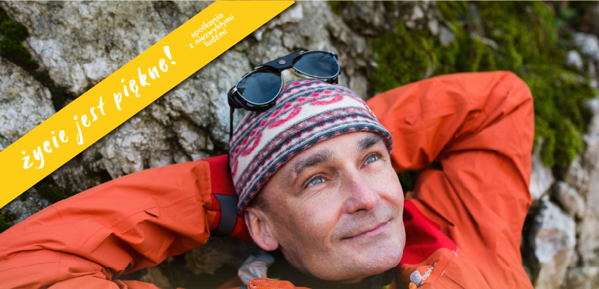 Twarz Piotra Pagona, reklamująca cykl motywacyjnych spotkań Moniki Meleń pn. "Zachłanni na życie"