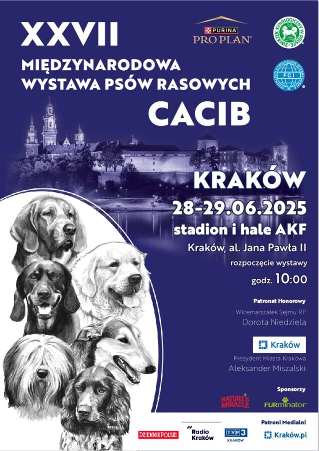 Plakat wystawy psów rasowych w Krakowie. W górnej części na ciemnoniebieskim tle jasny napis. W dole po lewej szarobiały rysunek przedstawiający kilkanaście psów różnych ras.