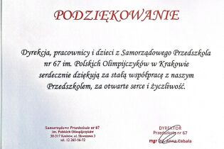 Pismo z przedszkola dziękujące za współpracę.