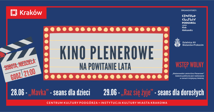 Rysunek przedstawia stylizowany na kinowy neon napis KINO PLENEROWE NA POWITANIE LATA, obok którego widać klaps filmowy. Poniżej podane są daty i tytuły filmów wyświetlanych w kinie plenerowym.
