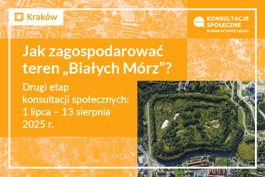 Grafika przedstawia zaproszenie do wzięcia udziału w w drugim etapie konsultacji społecznych pod nazwą Jak zagospodarować teren Białych Mórz.