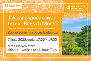 Grafika przedstawia zaproszenie do wzięcia udziału w spacerze badawczym po terenie Białych Mórz.