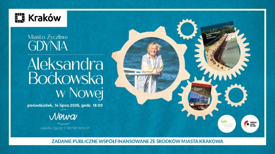 grafika informująca o spotkaniu z aleksandrą boćkowską. 14 lipca 2025, godz. 18:00 w Cafe NOWA Księgarnia, osiedle Zgody 7