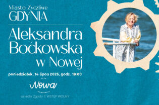 grafika informująca o spotkaniu z aleksandrą boćkowską. 14 lipca 2025, godz. 18:00 w Cafe NOWA Księgarnia, osiedle Zgody 7