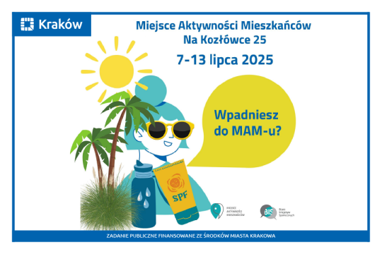 Rysunek przedstawia portret uśmiechniętej kobiety w okularach przeciwsłonecznych, nad którą widać słońce, obok niej palmy, a przed nią bidon i krem do opalania