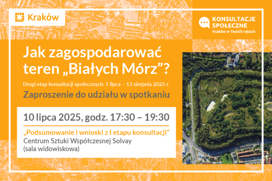 Grafika przedstawia zaproszenie do wzięcia udziału w spotkaniu informacyjnym pod nazwą Jak zagospodarować teren Białych Mórz? 