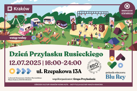 Grafika przedstawia zaproszenie do wzięcia udziału w Dniu Przylasku Rusieckiego  – piknik sąsiedzki w sercu Nowej Huty.