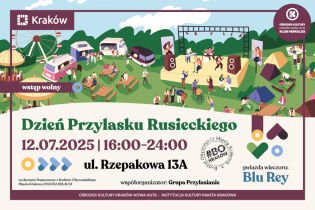 Grafika przedstawia zaproszenie do wzięcia udziału w Dniu Przylasku Rusieckiego  – piknik sąsiedzki w sercu Nowej Huty.