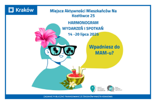 Rysunek przedstawiający portret uśmiechniętej kobiety z różowym kwiatem we włosach i w okularach, w których odbijają się palmy, przed którą widać poncz w połówce arbuza.