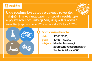 Spotkanie otwarte w ramach konsultacji społecznych pod nazwą Jakie powinny być zasady przewozu rowerów, hulajnóg i urządzeń transportu osobistego w pojazdach Komunikacji Miejskiej w Krakowie?
