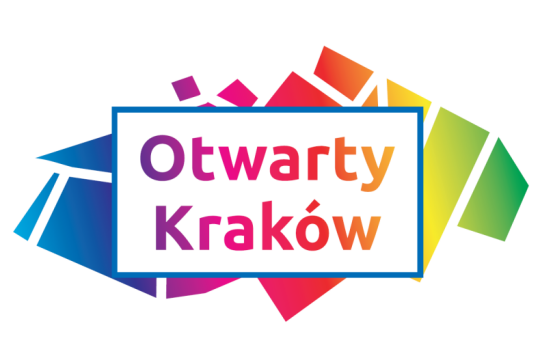 Logo programu Otwarty Kraków, kolorowy napis Otwarty Kraków
