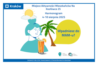 Rysunek przedstawiający portret uśmiechniętej kobiety, z kokiem z włosów na którym opiera się słońce na chmurze i obok której widać palmę, a przed nią stoi szklanka z zimnym napojem i rurką