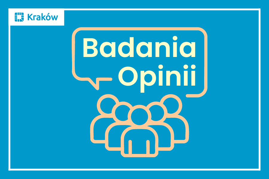 Rysunek przedstawiający na niebieskim tle uproszczony zarys grupy 5 ludzi, nad którymi w dymku jak w komiksach widać napis: Badania Opinii.