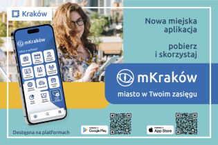 Grafika przedstawiająca z lewej strony teleon komórkowy z uruchomioną aplikacją mKraków na tle zdjęcia uśmiechniętej kobiety korzystającej z telefonu komórkowego