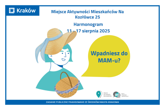 Rysunek przedstawia portret uśmiechniętej kobiety, przed którą widać kosz piknikowy, a nad nią napis: Miejsce aktywności Mieszkańców Na Kozłówce Harmonogram 11 - 17 sierpnia 2025