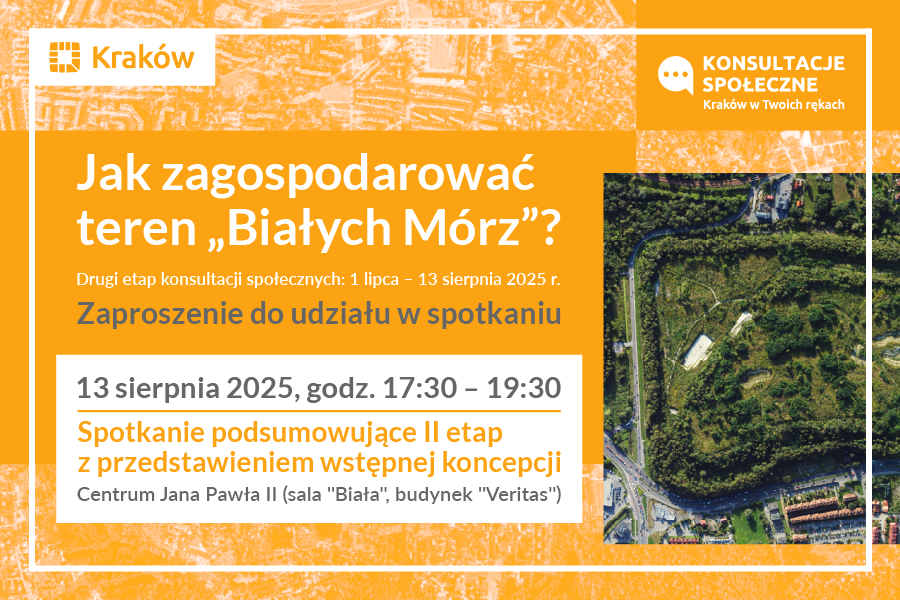 Grafika przedstawiająca napis: "Jak zagospodarować teren Białych Mórz? Zaproszenie do udziału w spotkaniu", na tle fragmentu planu Krakowa, ma którym widać zdjęcie obszaru Białych Mórz