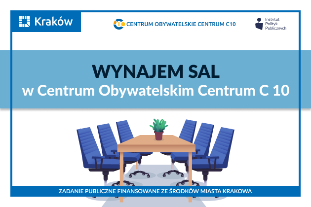 na zdjęciu znajduje się stół z krzesłami oraz kluczowe informacje na temat możliwości wynajmu sal w centrum obywatelskim 