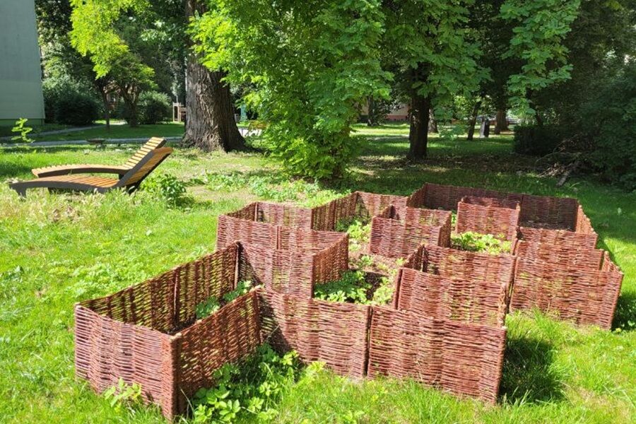 Grafika przedstawia fragment Parku Kieszonkowe z labiryntem dla jeży