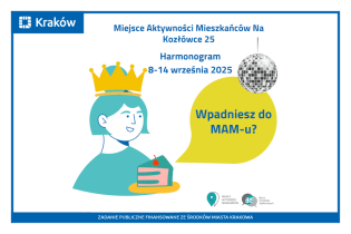 Rysunek przedstawia portret uśmiechniętej kobiety w koronie, przed którą widać talerzyk z ciastkiem, a obok niej dyskotekową kulę zwisającą z sufitu