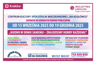 Grafika przedstawia plakat, na którym wypisano aktywności dostępne w ramach inicjatywy lokalnej „NUDNO W DOMU SAMEMU – ZNAJDZIEMY HOBBY KAŻDEMU”, w tym: taniec emocji, pracownia plastyczna, aerobik