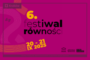 Grafika przedstawia różowo-fioletowym tle pasiaste fantazyjne wzory i napis: 6. festiwal równości 20 - 21 IX 2025