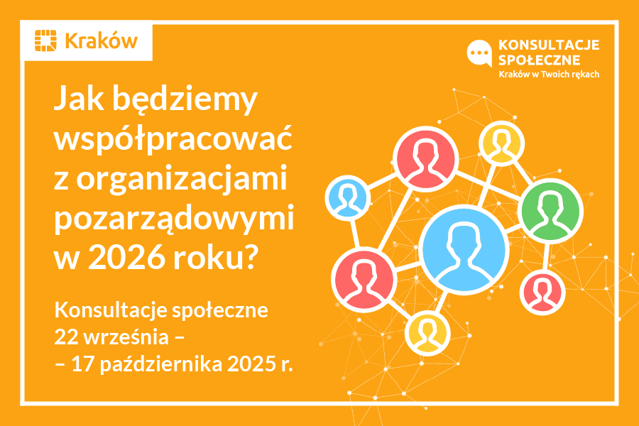 Grafika przedstawia na żółtym tle po lewej stronie rysunek połączonych liniami kolorowych kółek, w których widać zarysy ludzkich twarzy, a po prawej napis: Jak będziemy współpracować z NGO w 2026 r.?