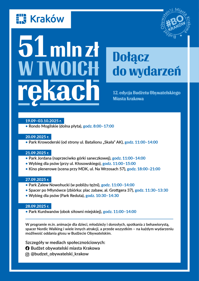 Harmonogram wydarzeń promujących 12. edycję Budżetu Obywatelskiego Miasta Krakowa