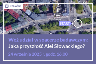 Grafika przedstawia zdjęcie satelitarne fragmentu Alei Słowackiego z zaznaczonym miejscem początku spaceru i napis: Weź udział w spacerze badawczym: Jaka przyszłość Alei Słowackiego? 24 września 2025 