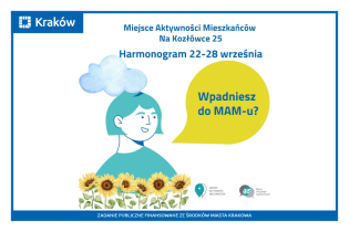 Rysunek przestawia portret uśmiechniętej kobiety, przed którą widać słoneczniki, a nad nią chmurkę i napis: Miejsce Aktywności Mieszkańców Na Kozłówce 25 Harmonogram od 22 do 28 września 2025 r.