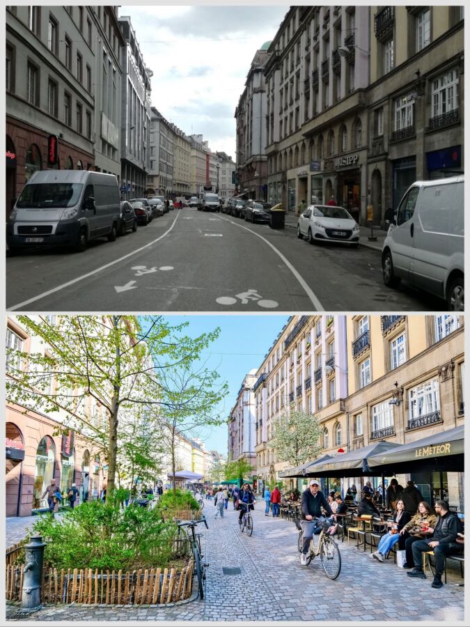 Przykład pożądanego przekształcenia profilu ulicy miejskiej. Strasbourg, Rue du 22 Novembre przed przebudową (2018) oraz po (2025). Fot. B. Poussard