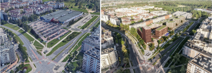 Porównanie pasażu Tesco Kabaty i realizowanego założenia wielofunkcyjnego w jego miejscu.