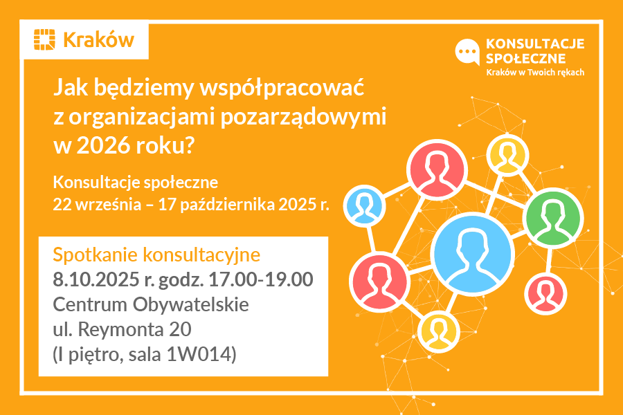 Grafika przedstawia zaproszenie do wzięcia udziału w spotkaniu konsultacyjnym: Jak będziemy współpracować z organizacjami pozarządowymi w 2026 roku?