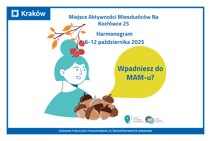 Rysunek przedstawia portret uśmiechniętej kobiety, nad którą widać gałązkę z czerwonymi owocami i żółtymi liśćmi, a przed nią kupkę żołędzi. Powyżej napis: Miejsce Aktywności Mieszkańców
Na Kozłówce