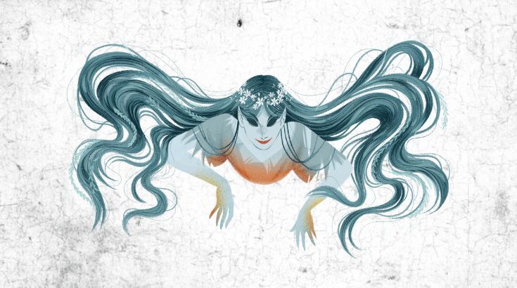 Na jasnym tle widnieje ilustracja postaci o długich, falujących włosach w odcieniach błękitu, z blado-szarą twarzą i pomarańczowym światłem na piersi.